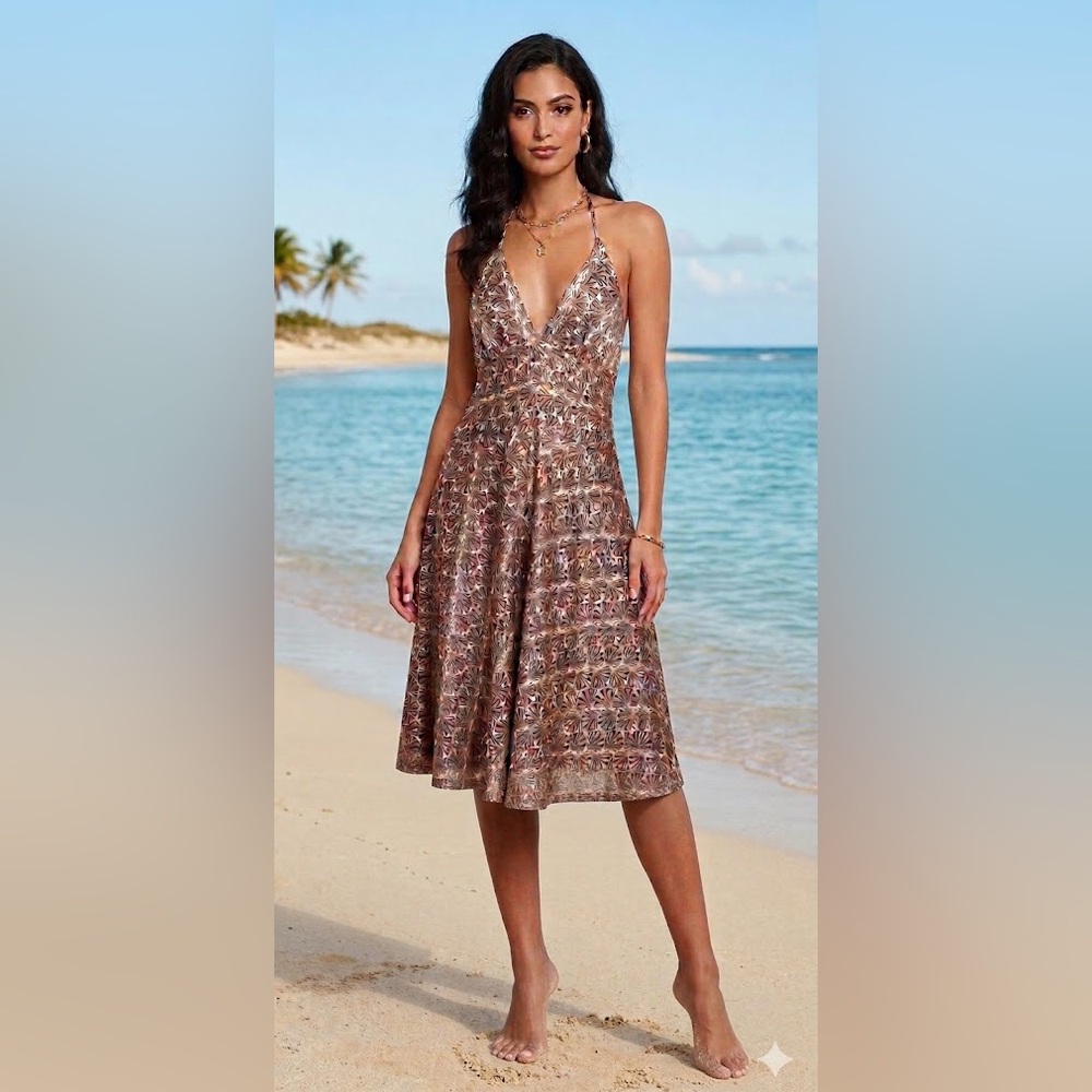 Alyn Paige Brown Printed Strapless Halter Midi Dress